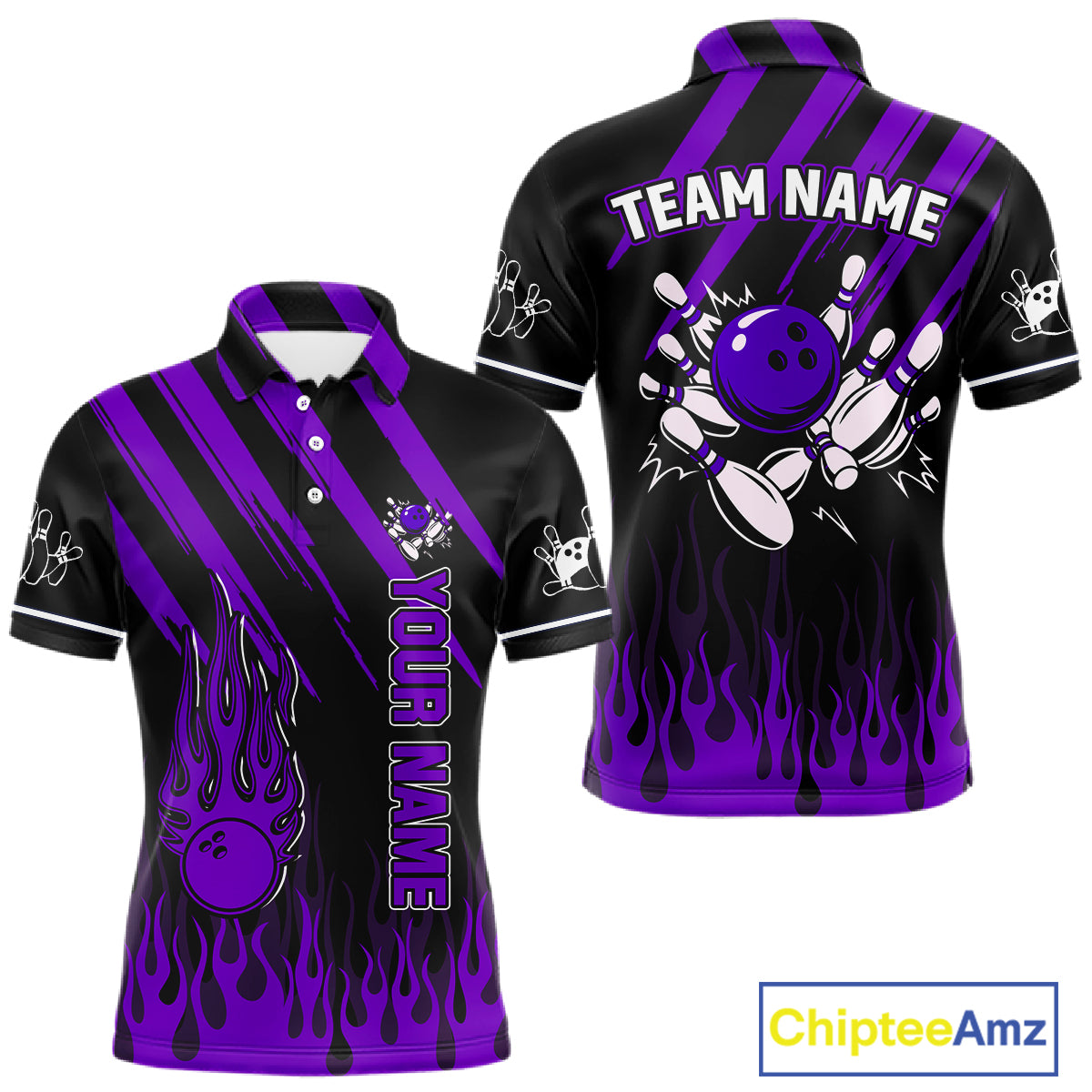 Black and Purple Flame Retro Bowling Polo, 1/4 Zip Shirt for Men Custom Vintage Team Bowling Jersey NQS11679