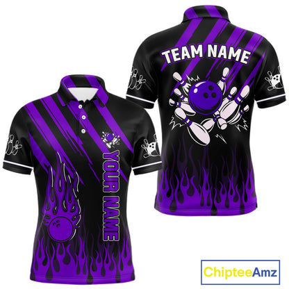 Black and Purple Flame Retro Bowling Polo, 1/4 Zip Shirt for Men Custom Vintage Team Bowling Jersey NQS11679