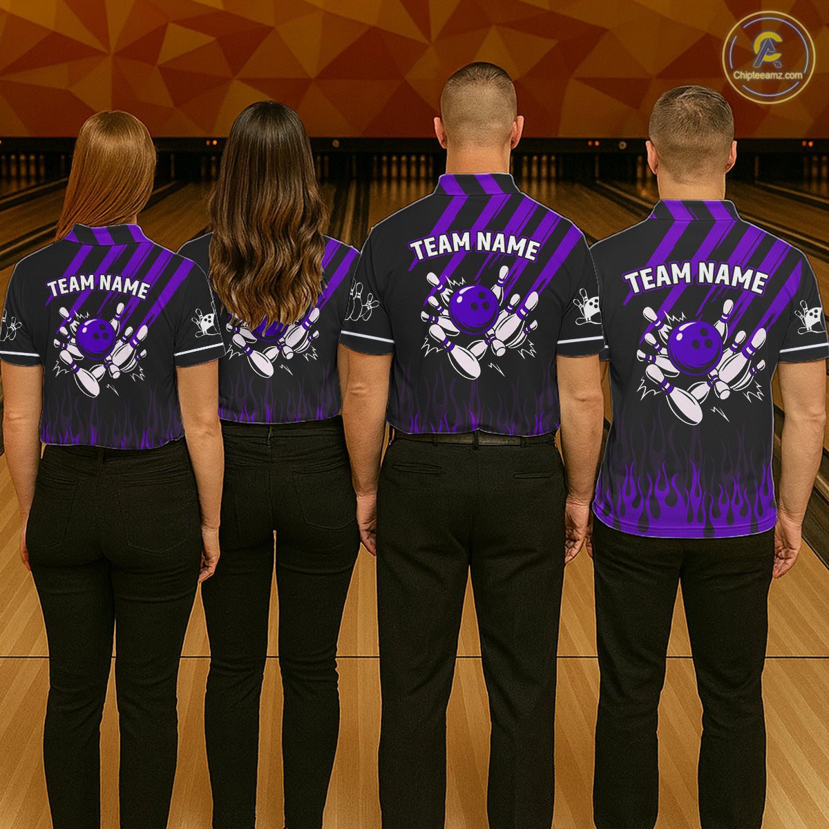 Black and Purple Flame Retro Bowling Polo, 1/4 Zip Shirt for Men Custom Vintage Team Bowling Jersey NQS11679