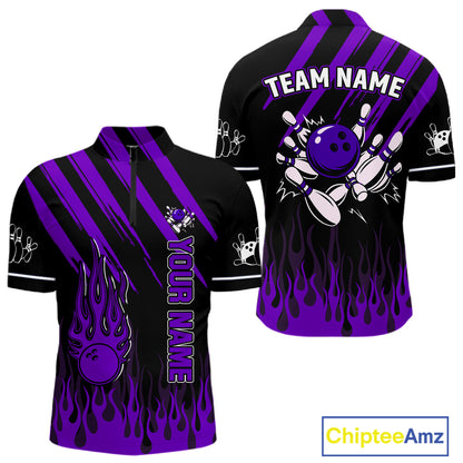 Black and Purple Flame Retro Bowling Polo, 1/4 Zip Shirt for Men Custom Vintage Team Bowling Jersey NQS11679
