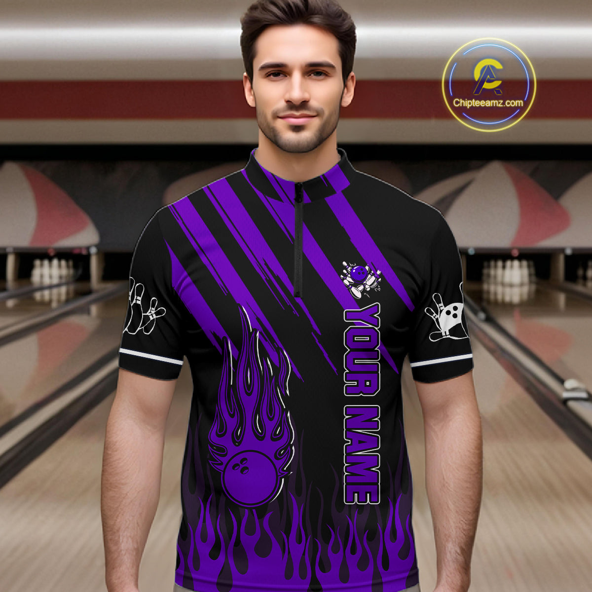 Black and Purple Flame Retro Bowling Polo, 1/4 Zip Shirt for Men Custom Vintage Team Bowling Jersey NQS11679