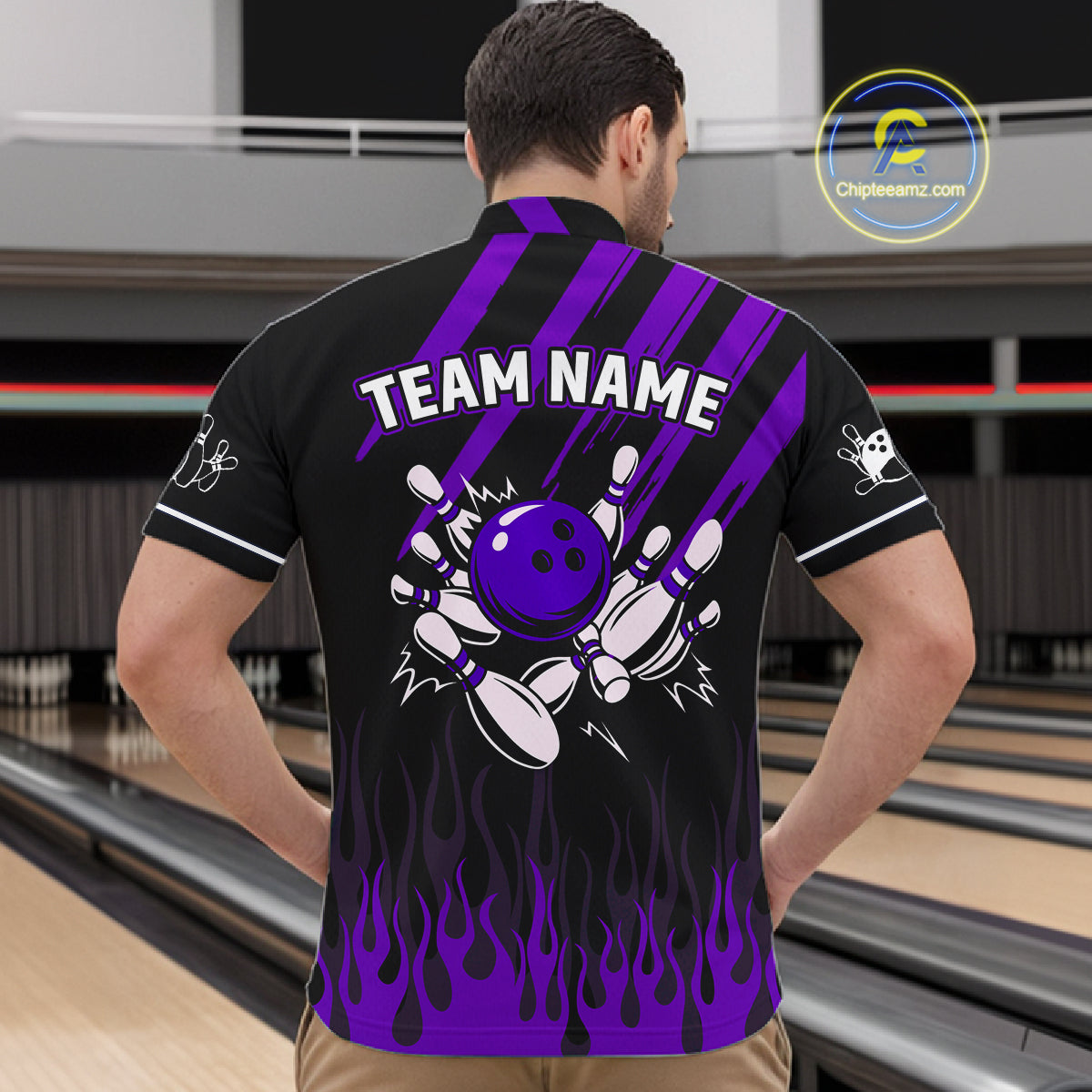 Black and Purple Flame Retro Bowling Polo, 1/4 Zip Shirt for Men Custom Vintage Team Bowling Jersey NQS11679
