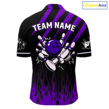 Load image into Gallery viewer, Black and Purple Flame Retro Bowling Polo, 1/4 Zip Shirt for Men Custom Vintage Team Bowling Jersey NQS11679