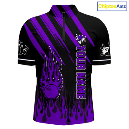 Black and Purple Flame Retro Bowling Polo, 1/4 Zip Shirt for Men Custom Vintage Team Bowling Jersey NQS11679