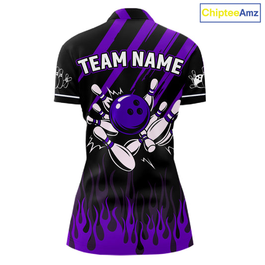 Black and Purple Flame Retro Bowling Polo, 1/4 Zip Shirt for Women Custom Vintage Team Bowling Jersey NQS11679