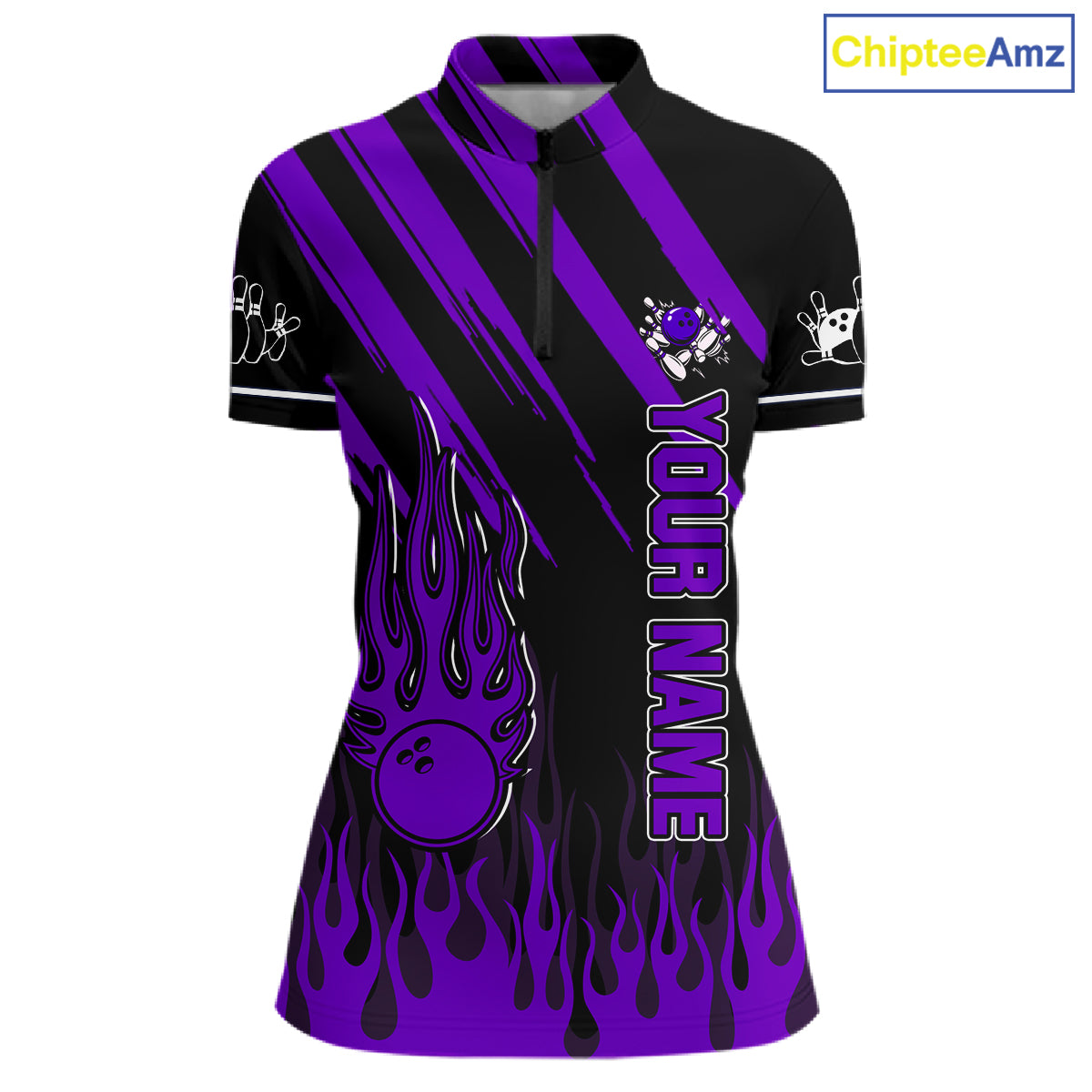 Black and Purple Flame Retro Bowling Polo, 1/4 Zip Shirt for Women Custom Vintage Team Bowling Jersey NQS11679