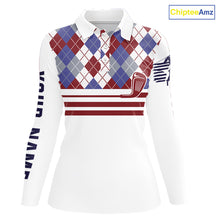 Load image into Gallery viewer, Red, White and Blue argyle pattern golf clubs Women Golf polo shirts Custom golf attire for ladies NQS10030