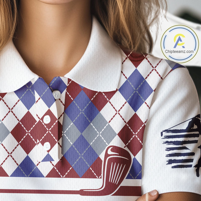 Red, White and Blue argyle pattern golf clubs Women Golf polo shirts Custom golf attire for ladies NQS10030