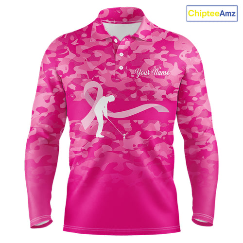 Breast Cancer Awareness golf shirts custom Mens golf polos shirts, pink camo ribbon golf shirts NQS10191