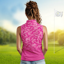 Load image into Gallery viewer, Breast Cancer Awareness golf shirts custom Women sleeveless golf polos, pink camo ribbon golf shirts NQS10191