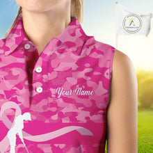 Load image into Gallery viewer, Breast Cancer Awareness golf shirts custom Women sleeveless golf polos, pink camo ribbon golf shirts NQS10191