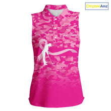 Load image into Gallery viewer, Breast Cancer Awareness golf shirts custom Women sleeveless golf polos, pink camo ribbon golf shirts NQS10191