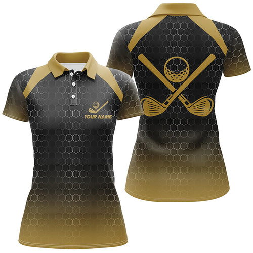 Womens golf polo shirts custom black and yellow hexagon pattern golf outfits women, cool golf gifts NQS8138