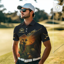 Load image into Gallery viewer, Black &amp; Gold Golf polo shirt for men Custom  Mens golf tops, gift for golfers NQS10339