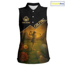 Load image into Gallery viewer, Black &amp; Gold Golf sleeveless polo shirt for Women Custom Ladies golf tops, gift for golfers NQS10339