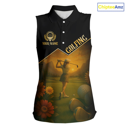 Black & Gold Golf sleeveless polo shirt for Women Custom Ladies golf tops, gift for golfers NQS10339