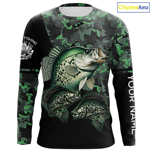Crappie fishing black green camo personalized custom name sun protection long sleeve fishing shirts NQS3837