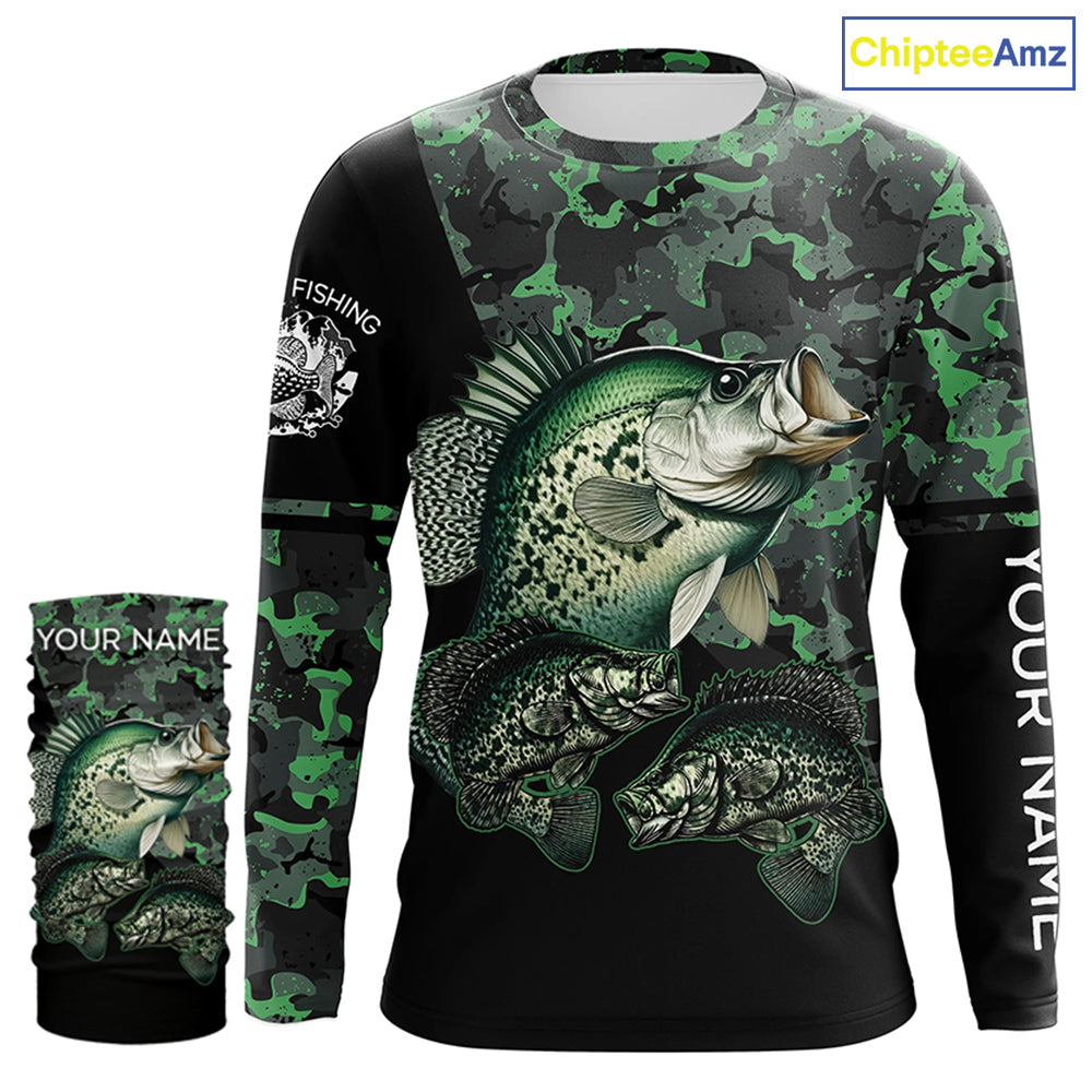 Crappie fishing black green camo personalized custom name sun protection long sleeve fishing shirts NQS3837