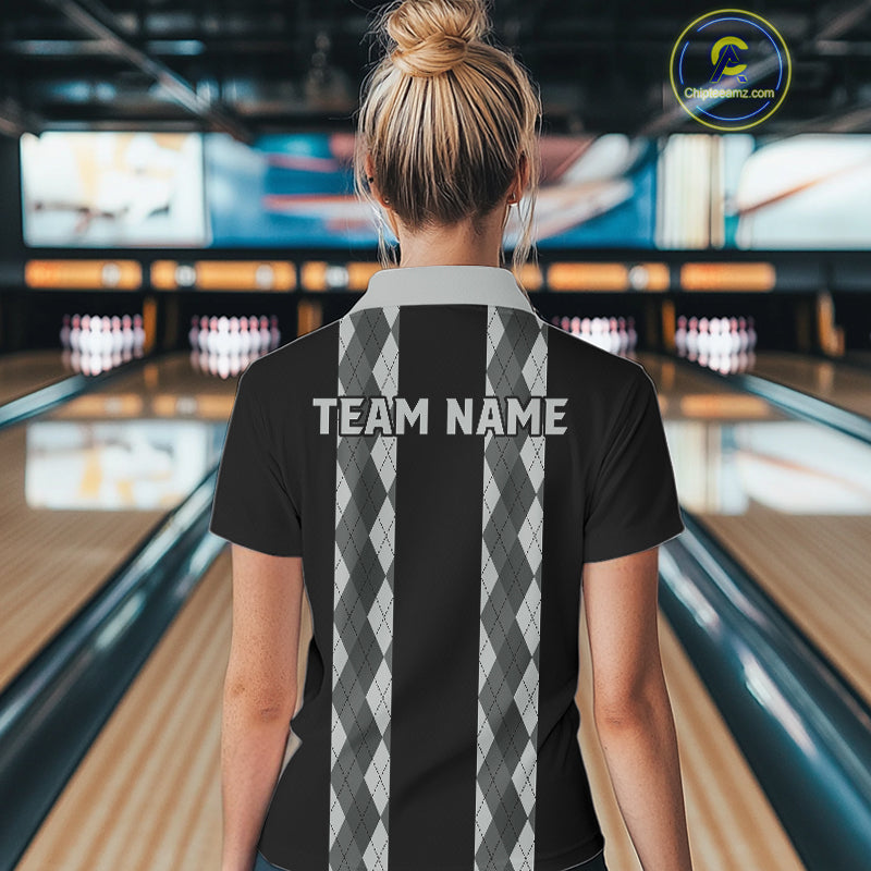Retro Gray argyle pattern Black Bowling shirts For Women custom bowling team jerseys Bowler Outfits NQS10545