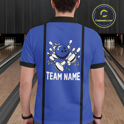 Retro Bowling Polo, Quarter Zip shirts For Men custom bowling team shirts Bowler Outfits | Blue NQS10546