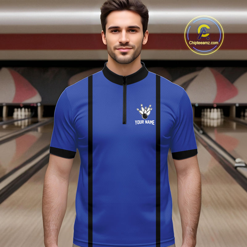 Retro Bowling Polo, Quarter Zip shirts For Men custom bowling team shirts Bowler Outfits | Blue NQS10546