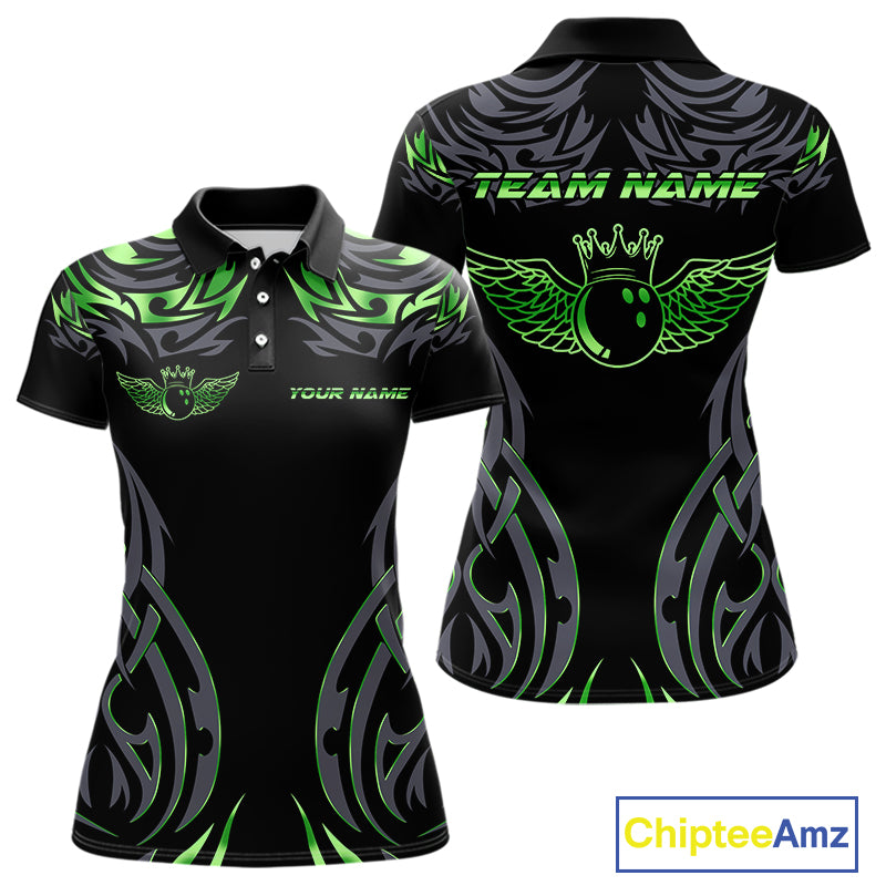 Personalized Black And Green tribal pattern Bowling Shirts For Women, angel wings Bowling Team jersey NQS10759