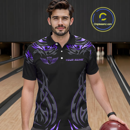 Personalized Black And Purple tribal pattern Bowling Shirts For Men, angel wings Bowling Team jerseys NQS10760
