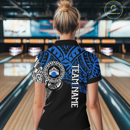 Personalized Black and Blue Tribal pattern Women Bowling Shirt Custom Team Bowling outfit for ladies NQS10762