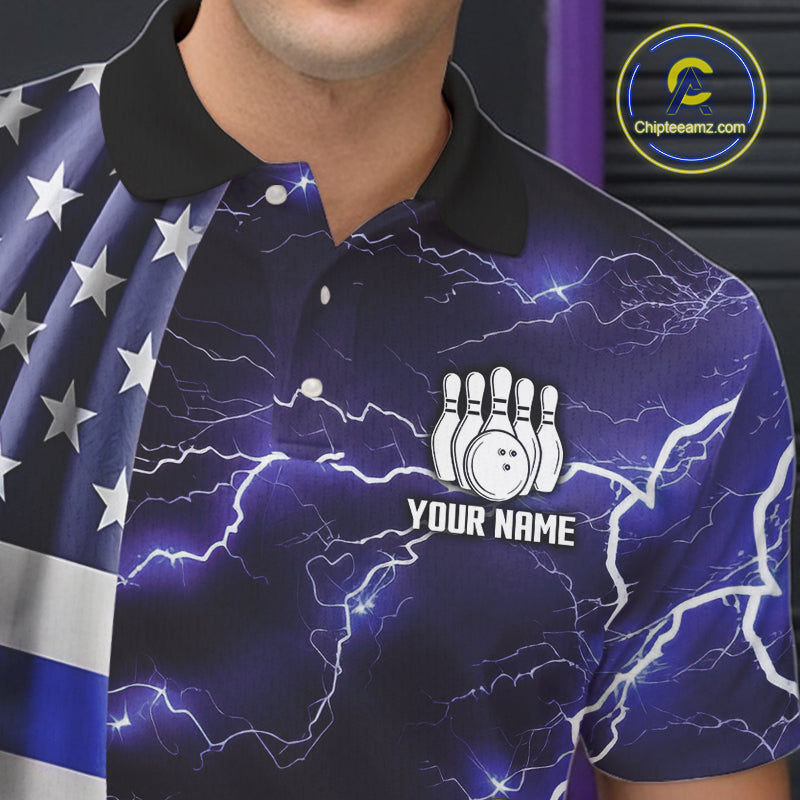 Blue Lightning Thunder American Flag Bowling Shirts For Men Custom patriotic team bowling jerseys NQS10960