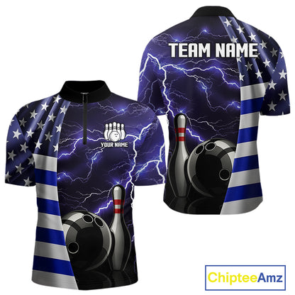 Blue Lightning Thunder American Flag Bowling Shirts For Men Custom patriotic team bowling jerseys NQS10960