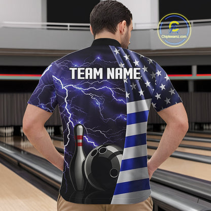 Blue Lightning Thunder American Flag Bowling Shirts For Men Custom patriotic team bowling jerseys NQS10960