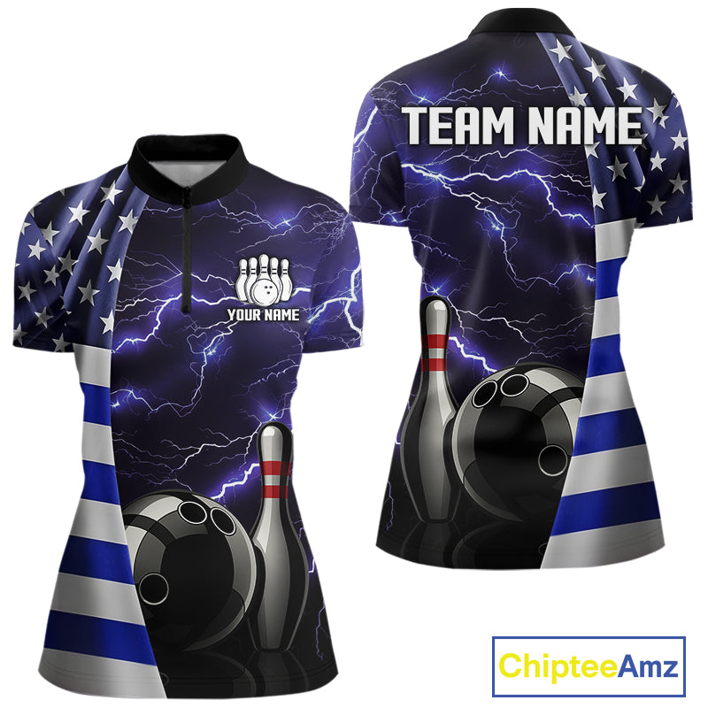 Blue Lightning Thunder American Flag Bowling Shirts For Women Custom patriotic team bowling jerseys NQS10960