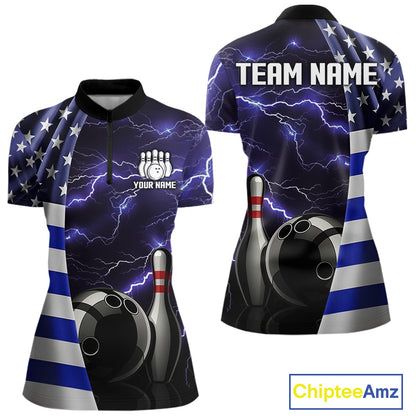 Blue Lightning Thunder American Flag Bowling Shirts For Women Custom patriotic team bowling jerseys NQS10960