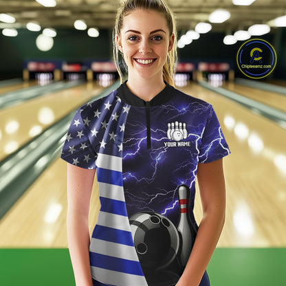 Blue Lightning Thunder American Flag Bowling Shirts For Women Custom patriotic team bowling jerseys NQS10960