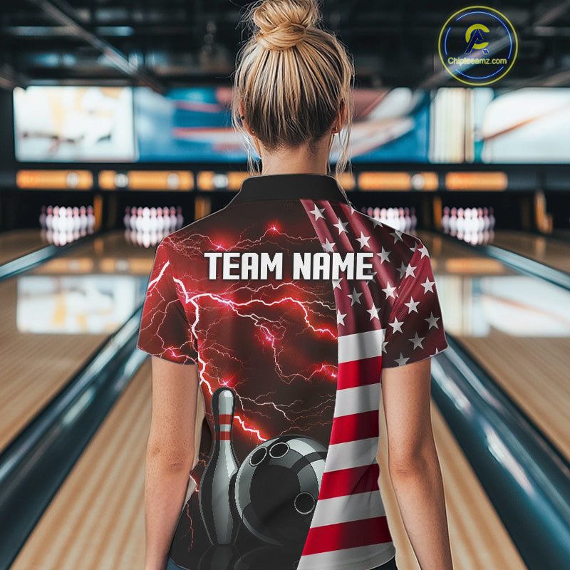 Red Lightning Thunder American Flag Bowling Shirts For Women Custom patriotic team bowling jerseys NQS10961