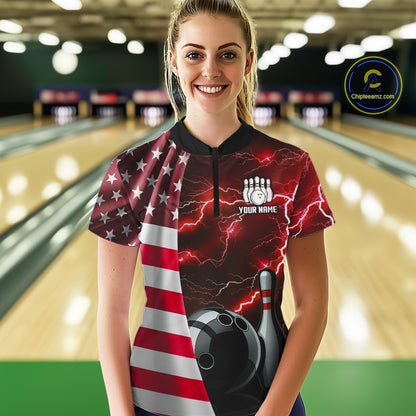 Red Lightning Thunder American Flag Bowling Shirts For Women Custom patriotic team bowling jerseys NQS10961