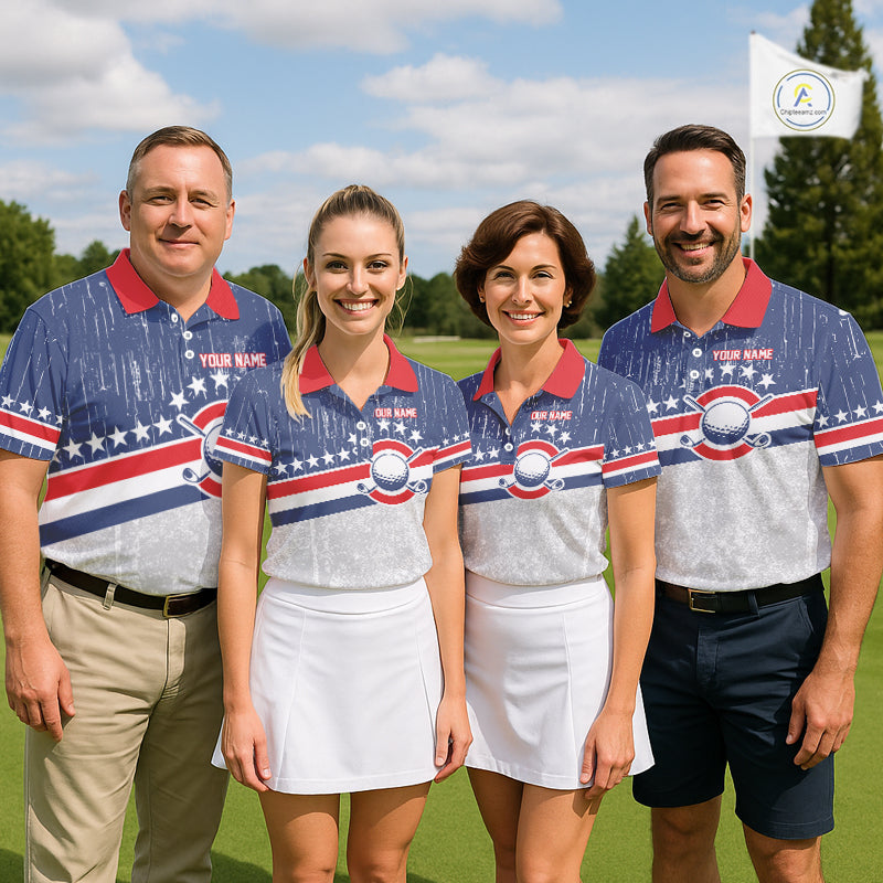 Red, White and Blue Grunge Women's Golf Polo Shirts Custom Patriotic Team Golf Outfit For Ladies NQS11344