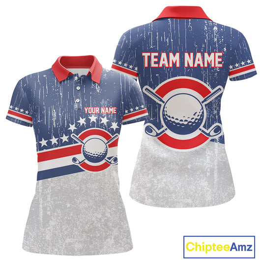 Red, White and Blue Grunge Women's Golf Polo Shirts Custom Patriotic Team Golf Outfit For Ladies NQS11344