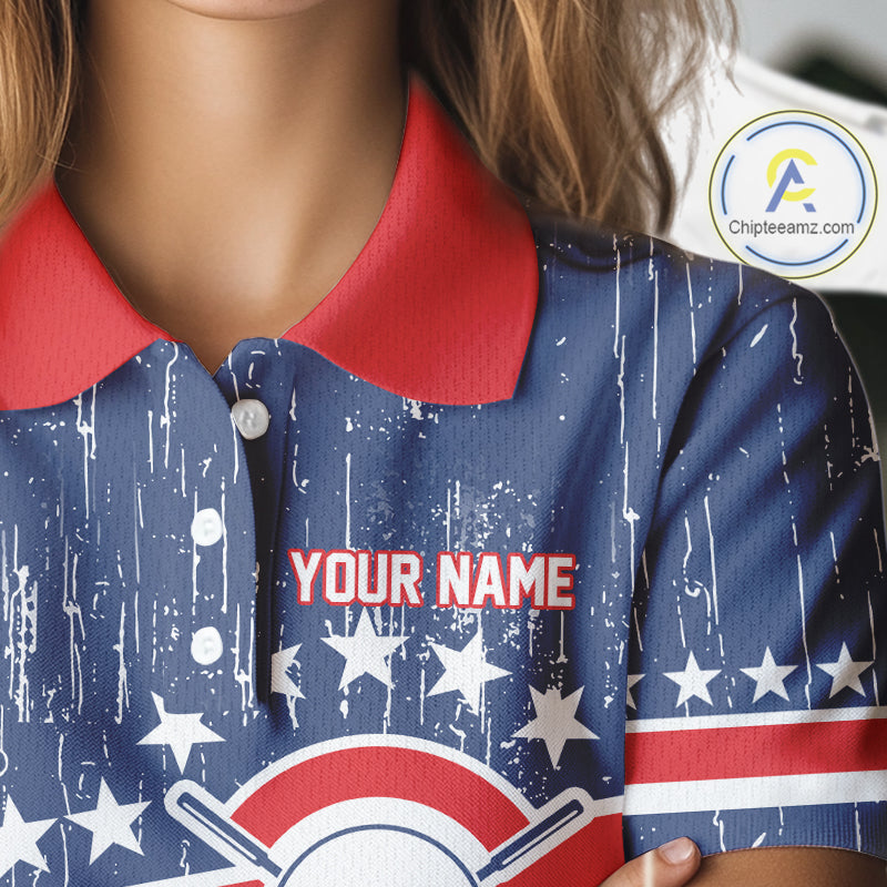 Red, White and Blue Grunge Women's Golf Polo Shirts Custom Patriotic Team Golf Outfit For Ladies NQS11344
