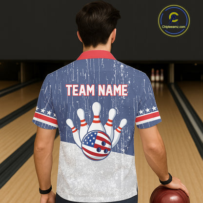 Red, White and Blue Grunge American Flag Bowling Hawaiian Shirt Custom Patriotic Team Bowling jersey NQS11345