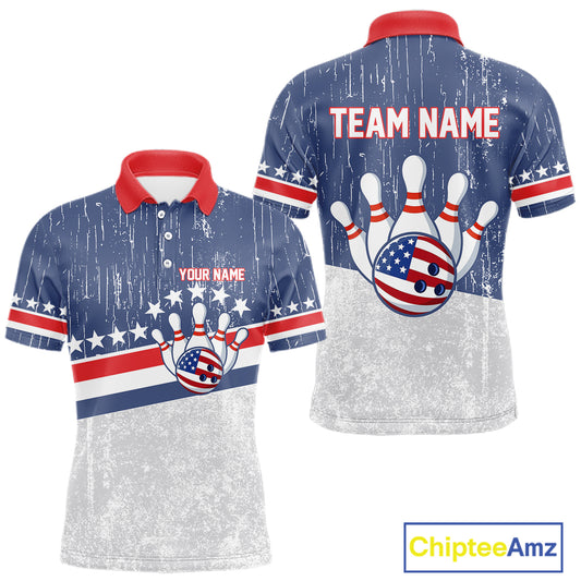 Red, White and Blue Grunge American Flag Bowling Shirts For Men Custom Patriotic Team Bowling jersey NQS11345