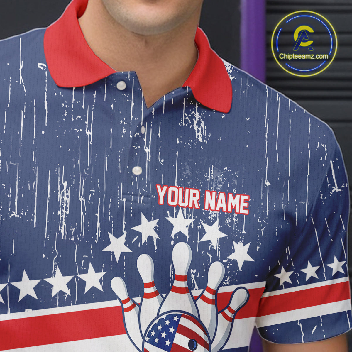 Red, White and Blue Grunge American Flag Bowling Shirts For Men Custom Patriotic Team Bowling jersey NQS11345