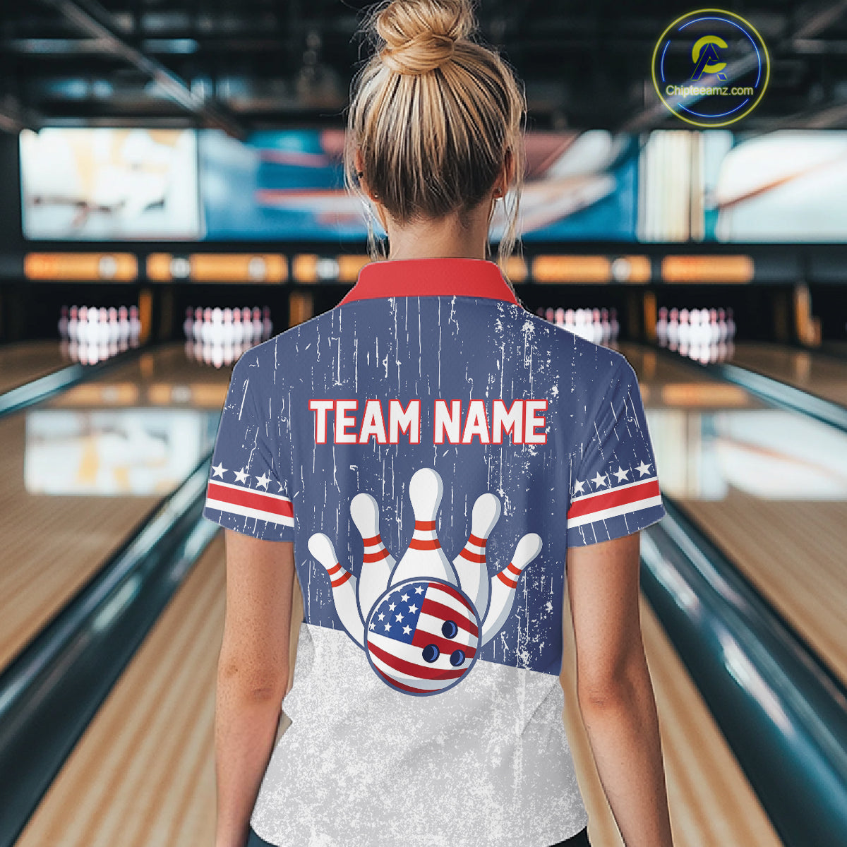 Red, White and Blue Grunge American Flag Bowling Shirt For Women Custom Patriotic Team Bowling jersey NQS11345