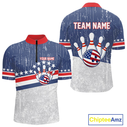 Red, White and Blue Grunge American Flag Bowling Shirts For Men Custom Patriotic Team Bowling jersey NQS11345