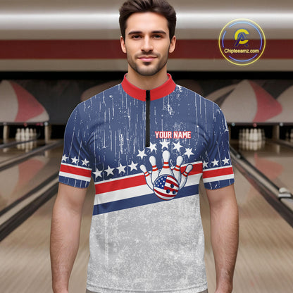 Red, White and Blue Grunge American Flag Bowling Shirts For Men Custom Patriotic Team Bowling jersey NQS11345