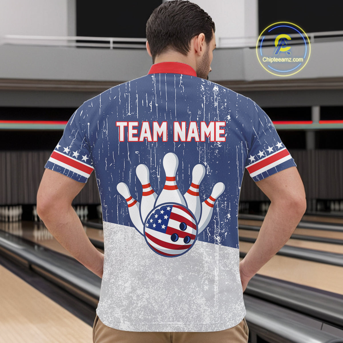 Red, White and Blue Grunge American Flag Bowling Shirts For Men Custom Patriotic Team Bowling jersey NQS11345