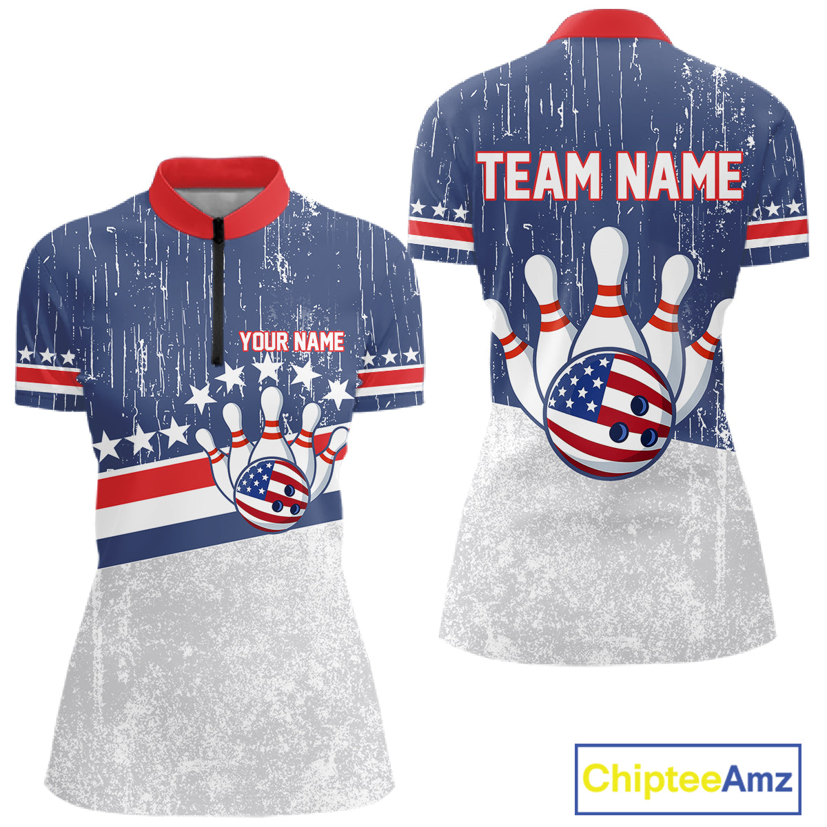 Red, White and Blue Grunge American Flag Bowling Shirt For Women Custom Patriotic Team Bowling jersey NQS11345
