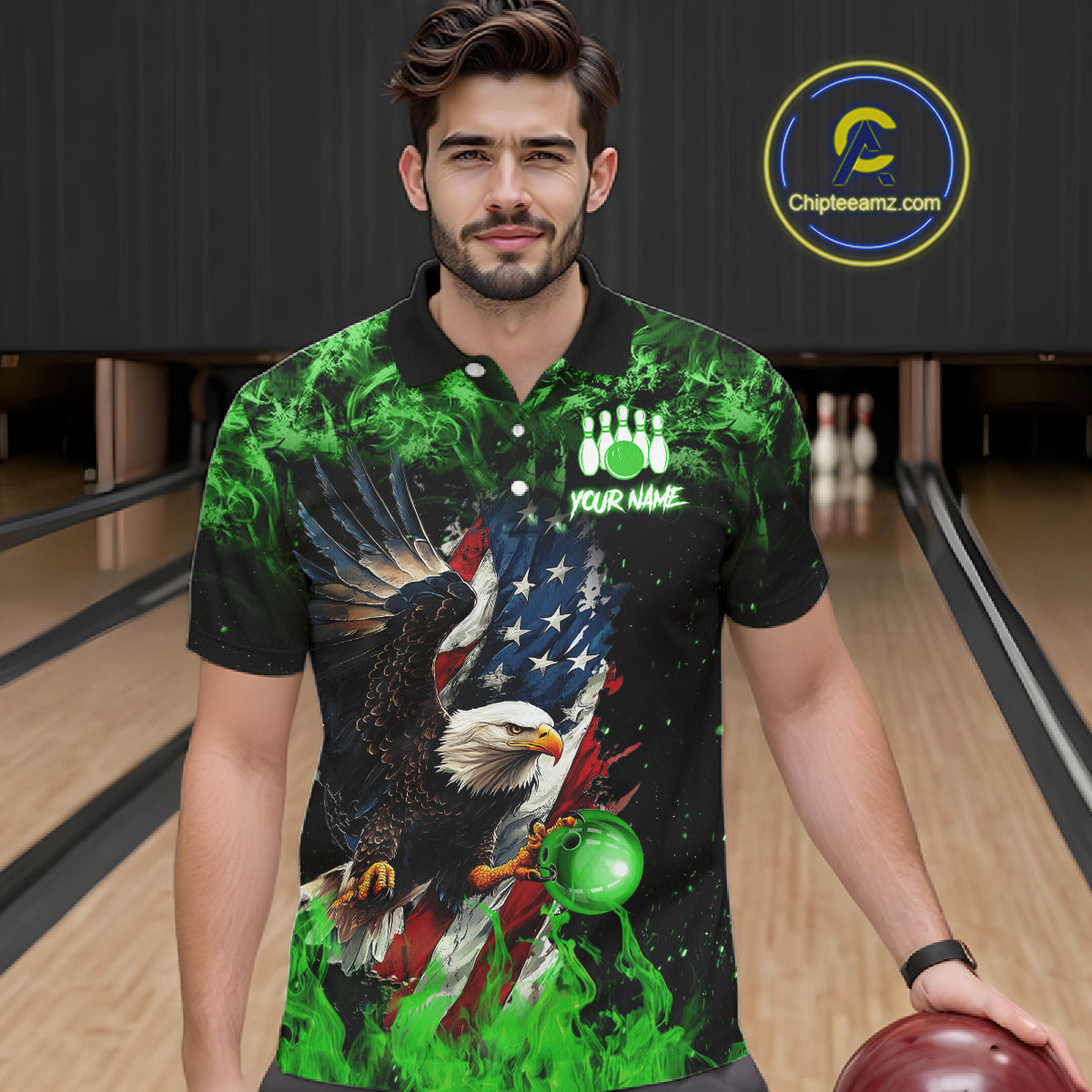 Green Flame American Flag Eagle bowling shirts for Men Custom Bowling Team Jersey, gift for Bowler NQS11555