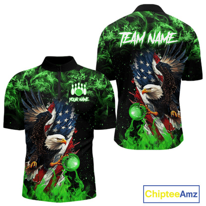 Green Flame American Flag Eagle bowling shirts for Men Custom Bowling Team Jersey, gift for Bowler NQS11555