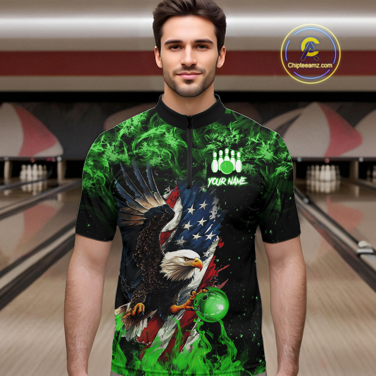 Green Flame American Flag Eagle bowling shirts for Men Custom Bowling Team Jersey, gift for Bowler NQS11555